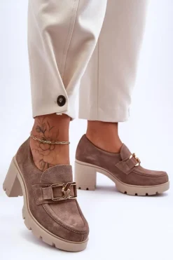 Boto Półbuty Skórzane*Eleganckie Półbuty Na Słupku Ze Złotą Ozdobą Beżowe Lemar Harmell Beżowy