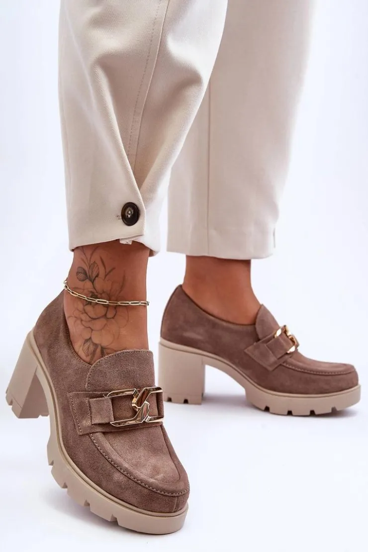 Boto Półbuty Skórzane*Eleganckie Półbuty Na Słupku Ze Złotą Ozdobą Beżowe Lemar Harmell Beżowy