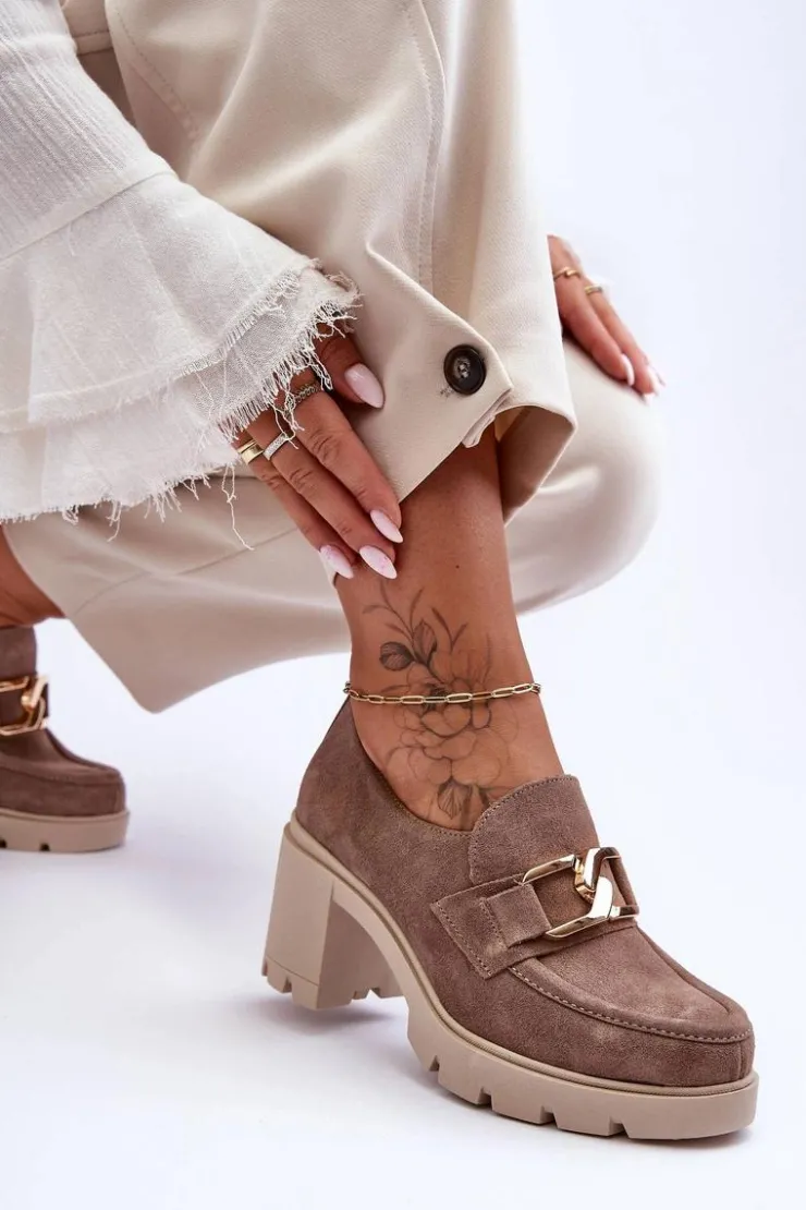 Boto Półbuty Skórzane*Eleganckie Półbuty Na Słupku Ze Złotą Ozdobą Beżowe Lemar Harmell Beżowy