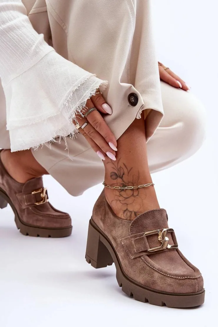 Boto Półbuty Skórzane*Eleganckie Półbuty Na Słupku Ze Złotą Ozdobą Ciemnobeżowe Lemar Harmell