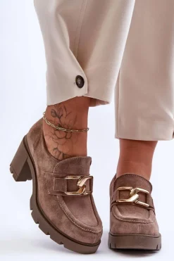 Boto Półbuty Skórzane*Eleganckie Półbuty Na Słupku Ze Złotą Ozdobą Ciemnobeżowe Lemar Harmell
