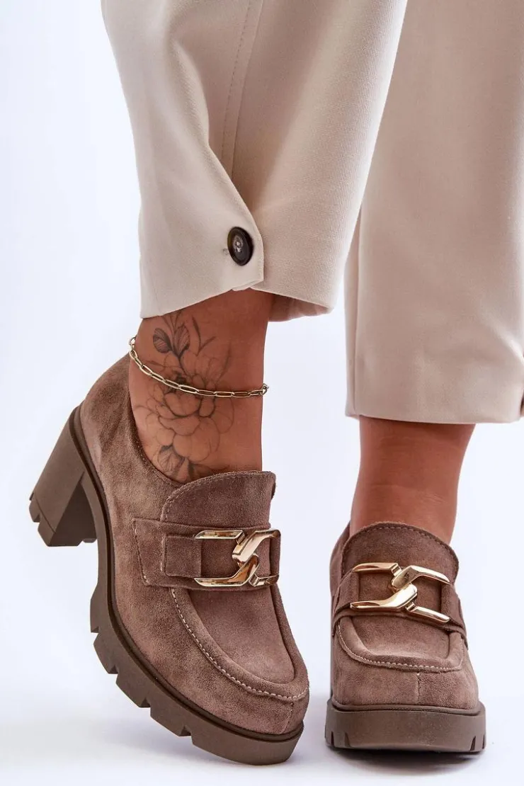 Boto Półbuty Skórzane*Eleganckie Półbuty Na Słupku Ze Złotą Ozdobą Ciemnobeżowe Lemar Harmell