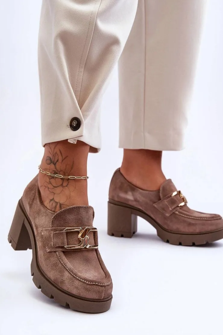 Boto Półbuty Skórzane*Eleganckie Półbuty Na Słupku Ze Złotą Ozdobą Ciemnobeżowe Lemar Harmell