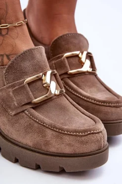 Boto Półbuty Skórzane*Eleganckie Półbuty Na Słupku Ze Złotą Ozdobą Ciemnobeżowe Lemar Harmell