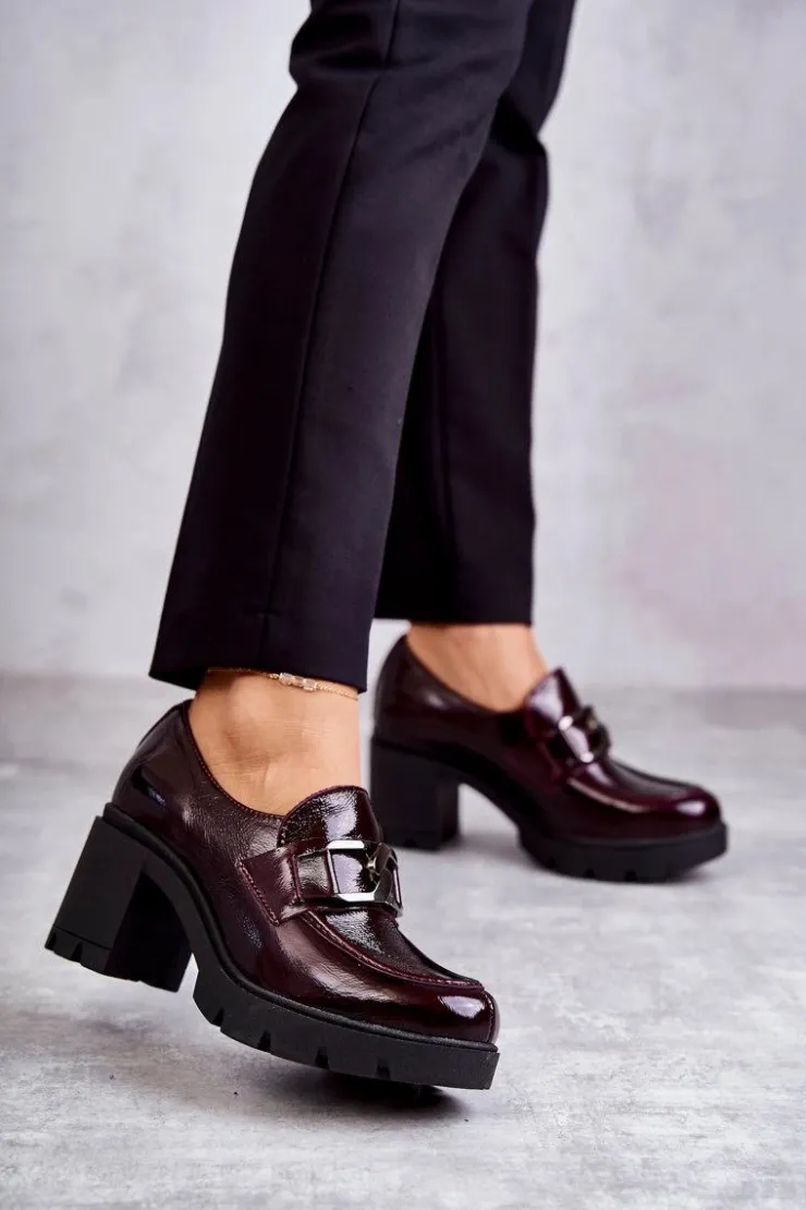 Boto Eleganckie Półbuty Na Słupku Ze Srebrną Ozdobą Bordowe Harmell