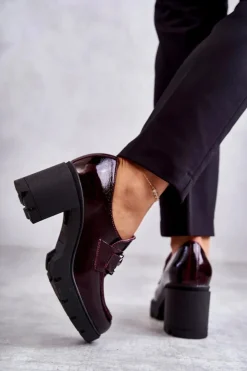 Boto Eleganckie Półbuty Na Słupku Ze Srebrną Ozdobą Bordowe Harmell