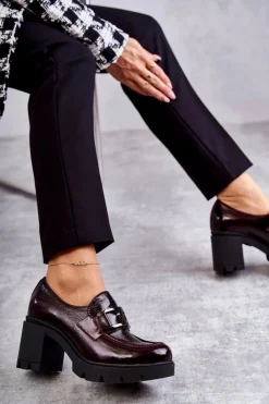 Boto Eleganckie Półbuty Na Słupku Ze Srebrną Ozdobą Bordowe Harmell