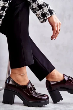 Boto Eleganckie Półbuty Na Słupku Ze Srebrną Ozdobą Bordowe Harmell