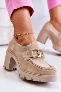 Damskie Boto Eleganckie Półbuty Na Słupku Ze Złotą Ozdobą Jasnobeżowe Lemar Harmell