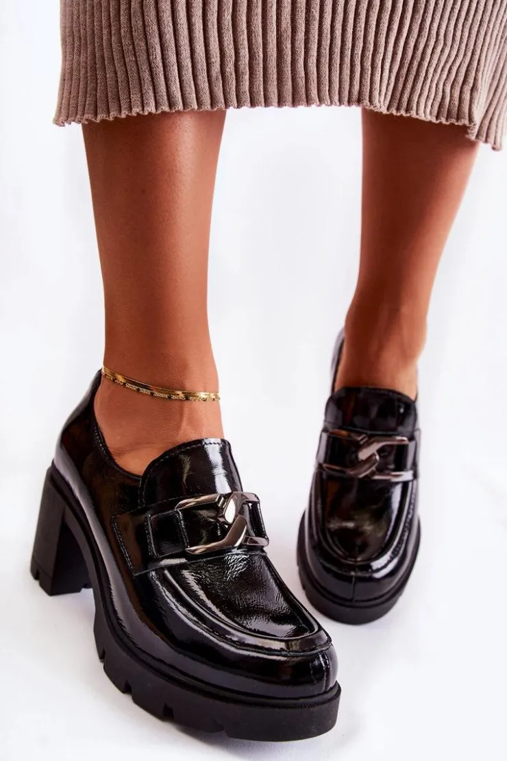 Boto Półbuty Skórzane*Eleganckie Półbuty Na Słupku Ze Srebrną Ozdobą Czarne Lemar Harmell Czarny