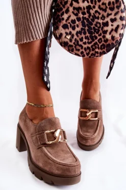 Damskie Boto Eleganckie Półbuty Na Słupku Ze Złotą Ozdobą Ciemnobeżowe Lemar Harmell