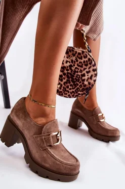 Damskie Boto Eleganckie Półbuty Na Słupku Ze Złotą Ozdobą Ciemnobeżowe Lemar Harmell