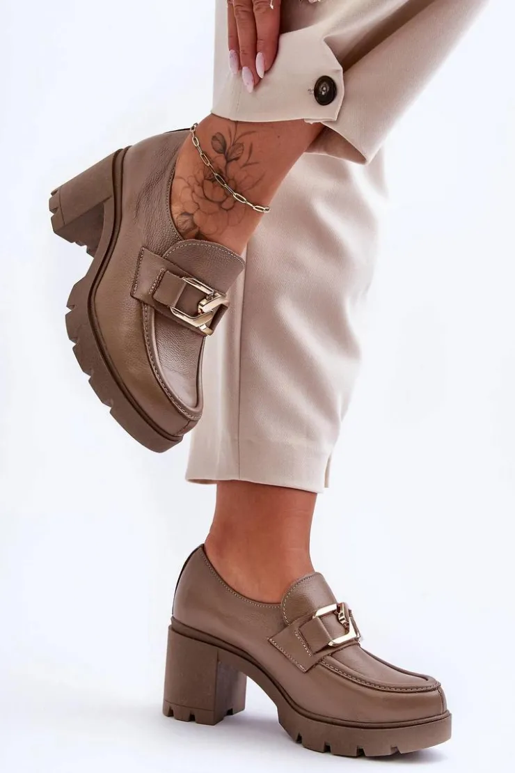 Boto Półbuty Skórzane*Eleganckie Półbuty Na Słupku Z Ozdobą Ciemnobeżowe Lemar Harmell Beżowy