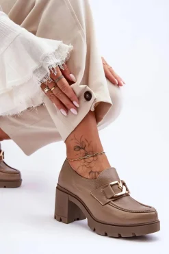 Boto Półbuty Skórzane*Eleganckie Półbuty Na Słupku Z Ozdobą Ciemnobeżowe Lemar Harmell Beżowy