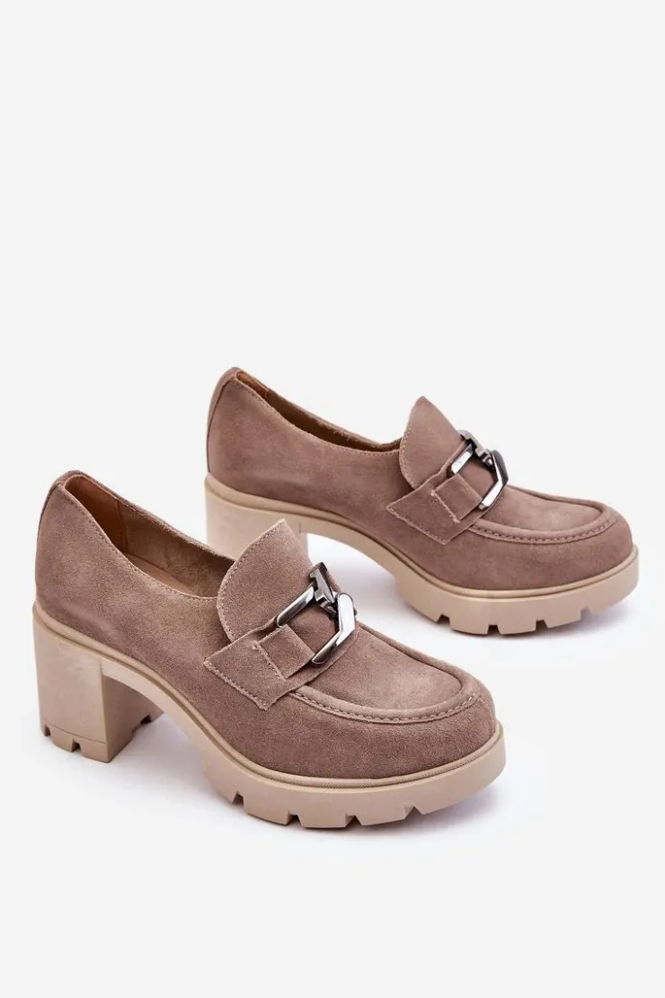 Boto Półbuty Skórzane*Eleganckie Półbuty Na Słupku Z Ciemnosrebrną Ozdobą Beżowe Lemar Harmell