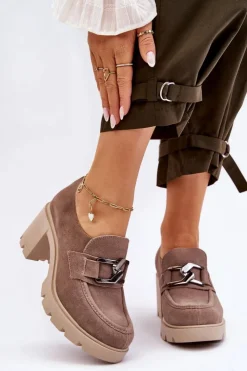 Boto Półbuty Skórzane*Eleganckie Półbuty Na Słupku Z Ciemnosrebrną Ozdobą Beżowe Lemar Harmell