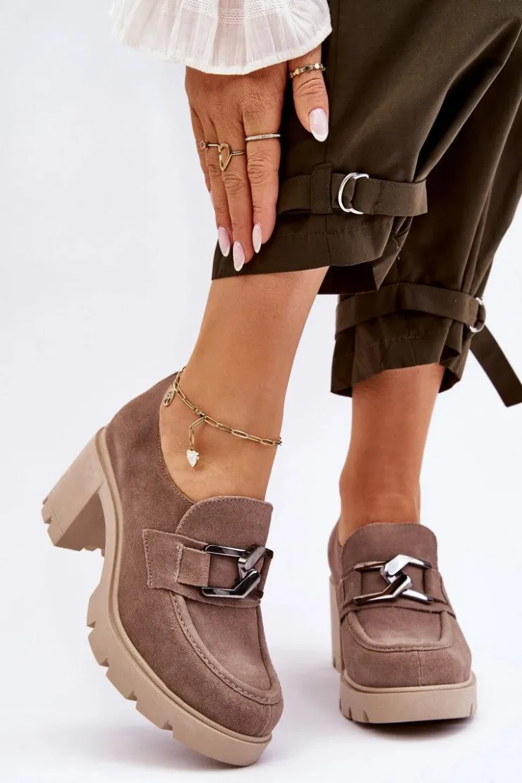 Boto Półbuty Skórzane*Eleganckie Półbuty Na Słupku Z Ciemnosrebrną Ozdobą Beżowe Lemar Harmell