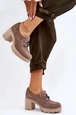 Boto Półbuty Skórzane*Eleganckie Półbuty Na Słupku Z Ciemnosrebrną Ozdobą Beżowe Lemar Harmell