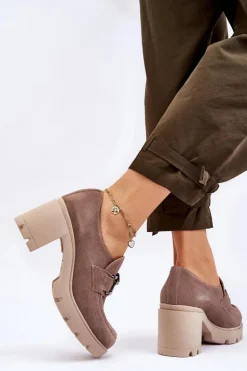 Boto Półbuty Skórzane*Eleganckie Półbuty Na Słupku Z Ciemnosrebrną Ozdobą Beżowe Lemar Harmell