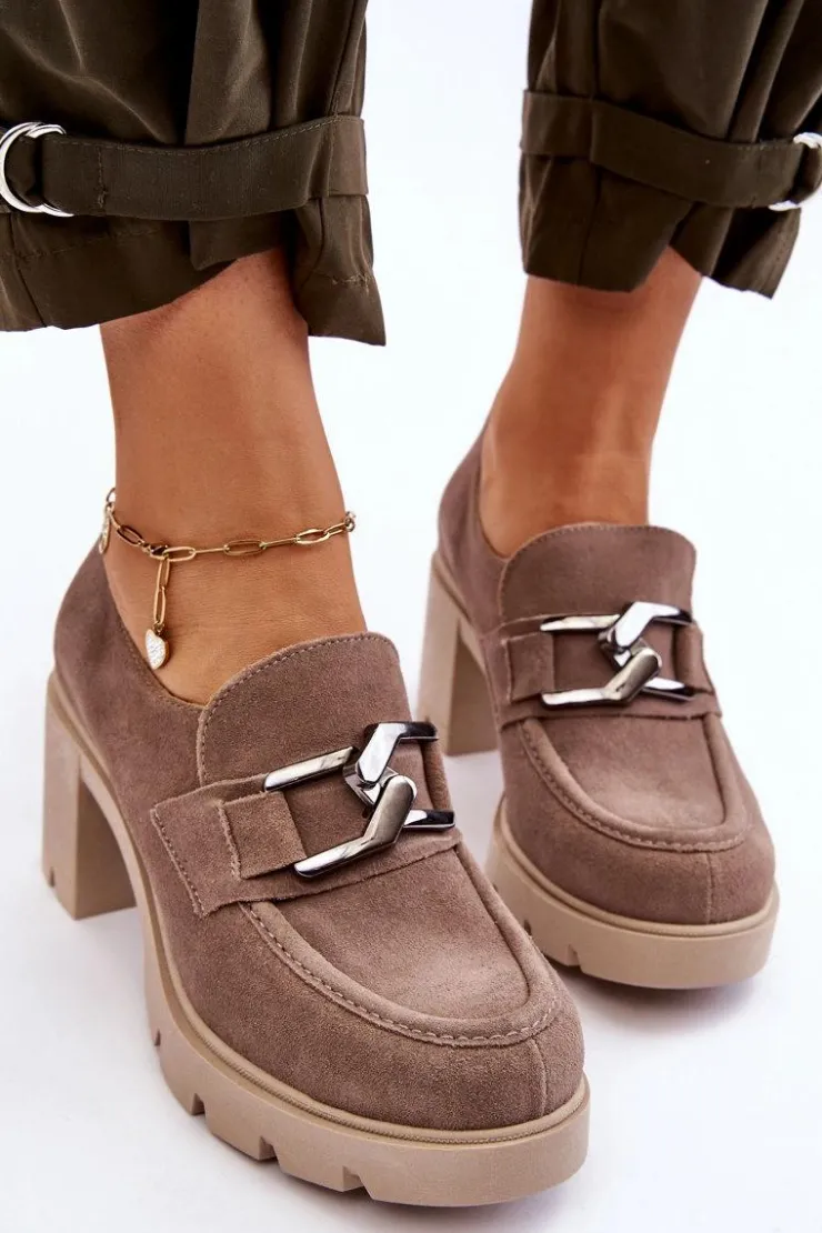 Boto Półbuty Skórzane*Eleganckie Półbuty Na Słupku Z Ciemnosrebrną Ozdobą Beżowe Lemar Harmell