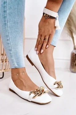 Damskie Boto Eleganckie Pikowane Baleriny Z Łańcuchem Białe Coco