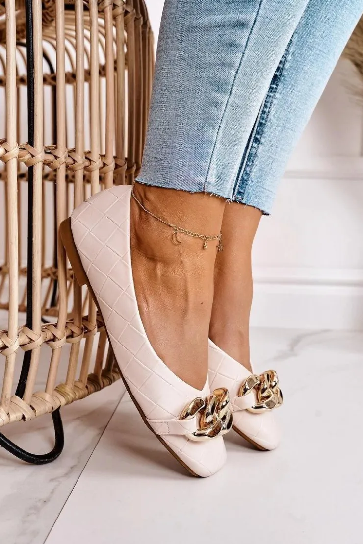 Damskie Boto Eleganckie Pikowane Baleriny Z Łańcuchem Beżowe Coco