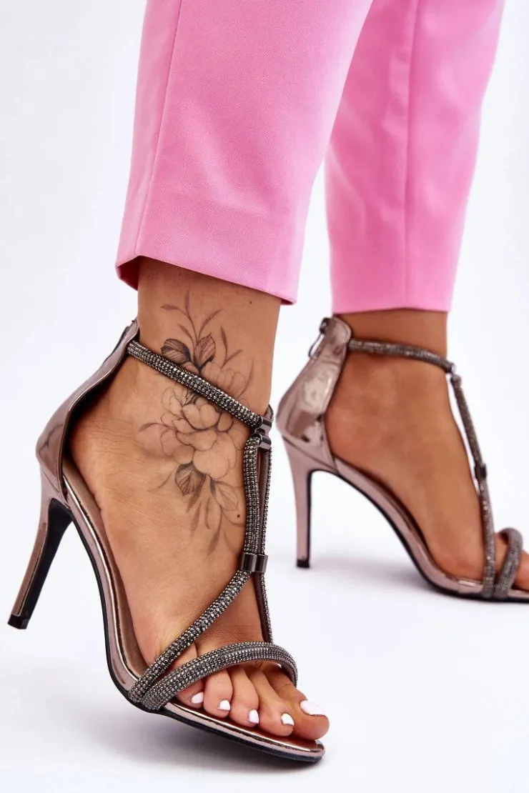 Damskie Damskie buty S.Barski Eleganckie Sandałki Na Szpilce Z Dżetami Srebrne Jenesis