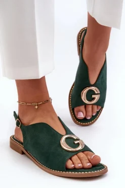 Damskie buty S.Barski Sandały Płaskie*Eleganckie Sandały Damskie Z Ozdobą Eko Zamszowe S.Barski KV27-058 Zielone