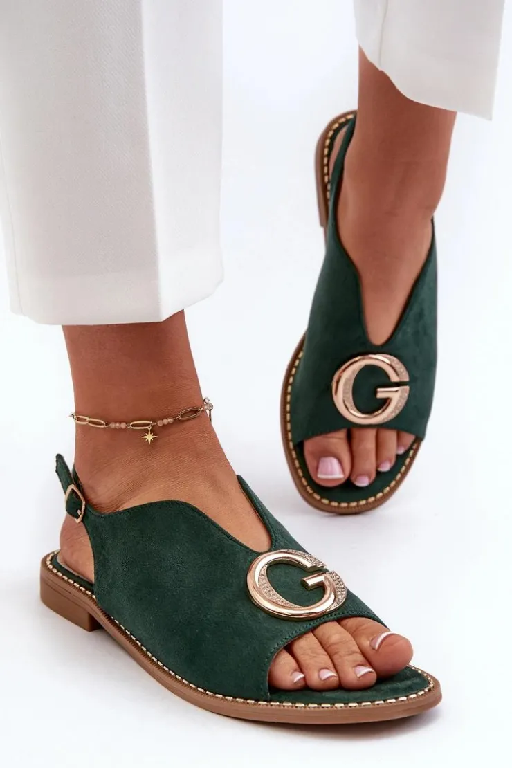 Damskie buty S.Barski Sandały Płaskie*Eleganckie Sandały Damskie Z Ozdobą Eko Zamszowe S.Barski KV27-058 Zielone