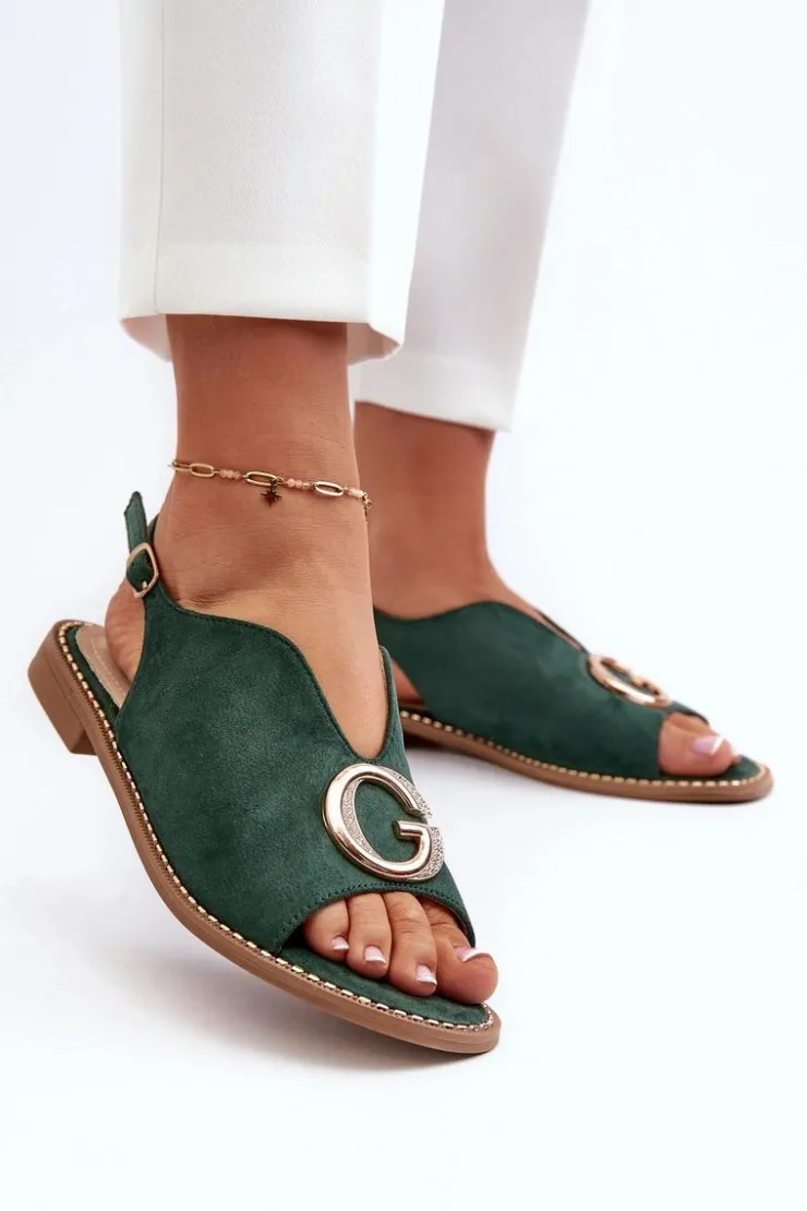 Damskie buty S.Barski Sandały Płaskie*Eleganckie Sandały Damskie Z Ozdobą Eko Zamszowe S.Barski KV27-058 Zielone