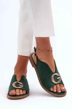 Damskie buty S.Barski Sandały Płaskie*Eleganckie Sandały Damskie Z Ozdobą Eko Zamszowe S.Barski KV27-058 Zielone