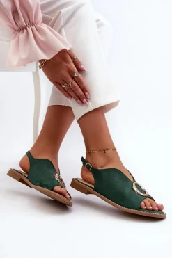 Damskie buty S.Barski Sandały Płaskie*Eleganckie Sandały Damskie Z Ozdobą Eko Zamszowe S.Barski KV27-058 Zielone