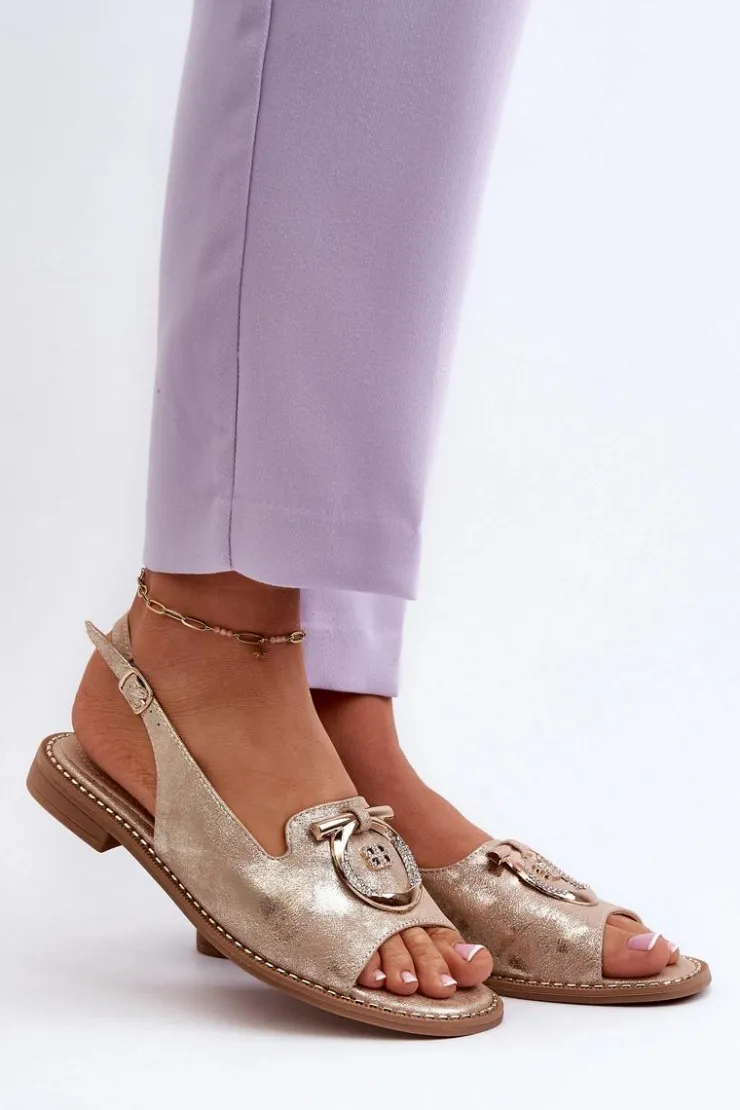 Damskie Damskie buty S.Barski Eleganckie Sandały Damskie Ze Złotą Ozdobą Na Płaskim Obcasie Złote S.Barski KV27-053