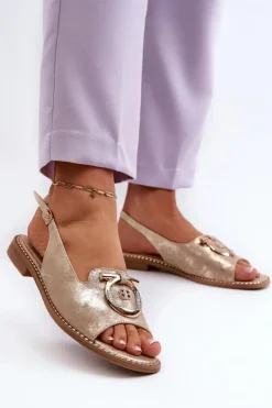 Damskie Damskie buty S.Barski Eleganckie Sandały Damskie Ze Złotą Ozdobą Na Płaskim Obcasie Złote S.Barski KV27-053