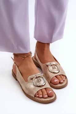 Damskie Damskie buty S.Barski Eleganckie Sandały Damskie Ze Złotą Ozdobą Na Płaskim Obcasie Złote S.Barski KV27-053