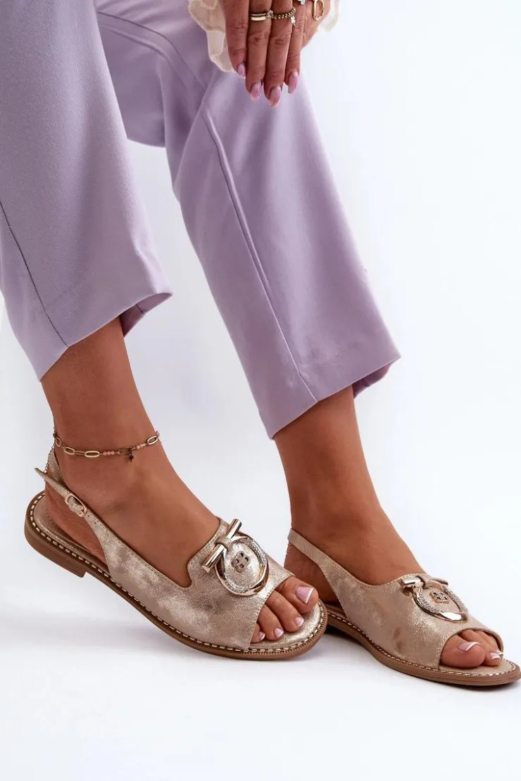 Damskie Damskie buty S.Barski Eleganckie Sandały Damskie Ze Złotą Ozdobą Na Płaskim Obcasie Złote S.Barski KV27-053