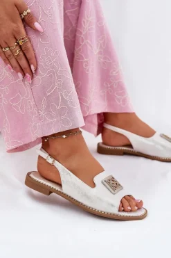 Damskie Damskie buty S.Barski Eleganckie Sandały Damskie Na Płaskim Obcasie Z Ozdobą S.Barski KV51-082 Srebrne