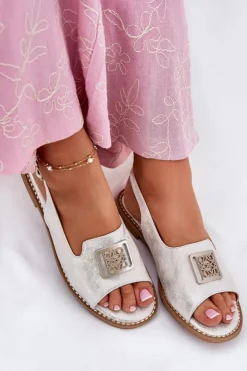 Damskie Damskie buty S.Barski Eleganckie Sandały Damskie Na Płaskim Obcasie Z Ozdobą S.Barski KV51-082 Srebrne