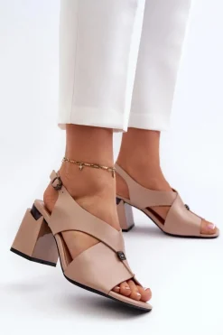 Outlet Buty damskie Vinceza Eleganckie Sandały Damskie Na Obcasie Słupku Eko Skórzane Beżowe Asellesa