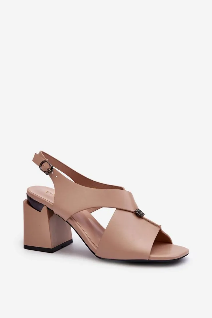 Outlet Buty damskie Vinceza Eleganckie Sandały Damskie Na Obcasie Słupku Eko Skórzane Beżowe Asellesa