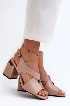 Outlet Buty damskie Vinceza Eleganckie Sandały Damskie Na Obcasie Słupku Eko Skórzane Beżowe Asellesa