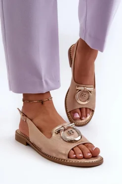 Damskie buty S.Barski Sandały Płaskie*Eleganckie Sandały Damskie Ze Złotą Ozdobą Na Płaskim Obcasie Różowe Złoto S.Barski KV27-053