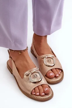 Damskie buty S.Barski Sandały Płaskie*Eleganckie Sandały Damskie Ze Złotą Ozdobą Na Płaskim Obcasie Różowe Złoto S.Barski KV27-053