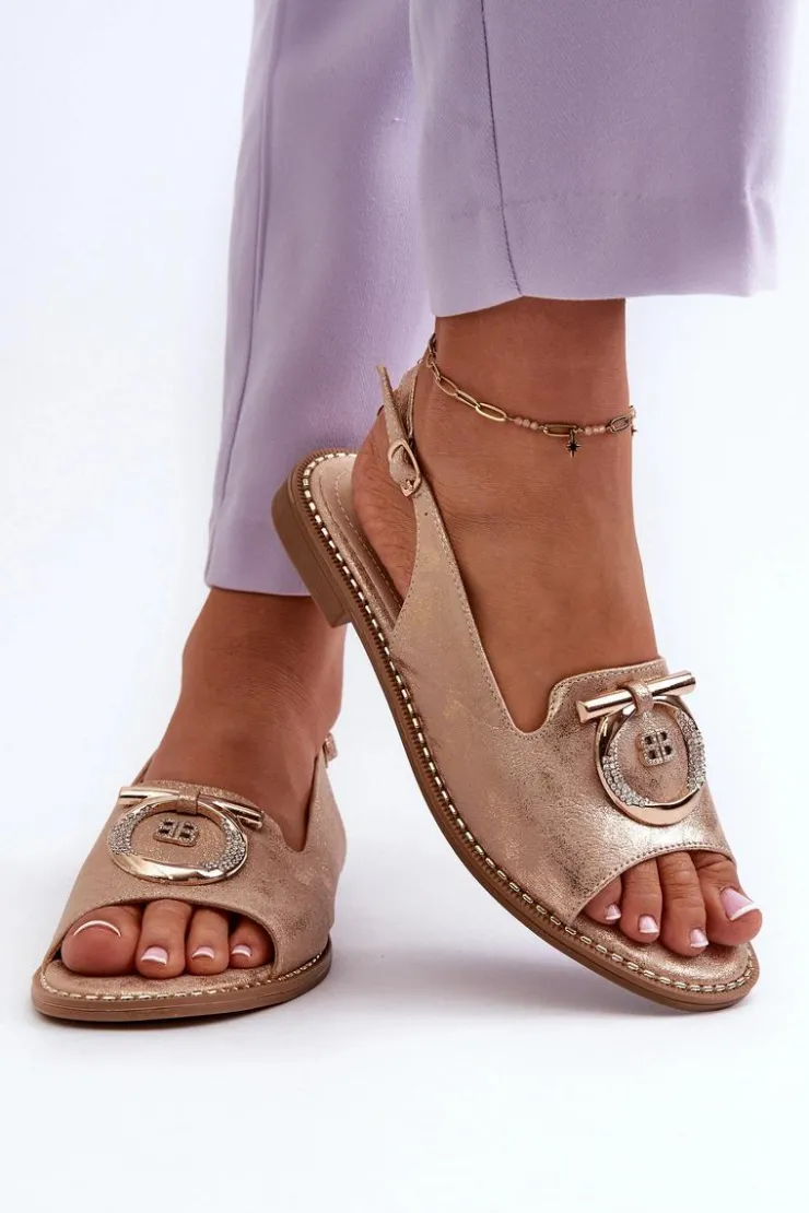 Damskie buty S.Barski Sandały Płaskie*Eleganckie Sandały Damskie Ze Złotą Ozdobą Na Płaskim Obcasie Różowe Złoto S.Barski KV27-053