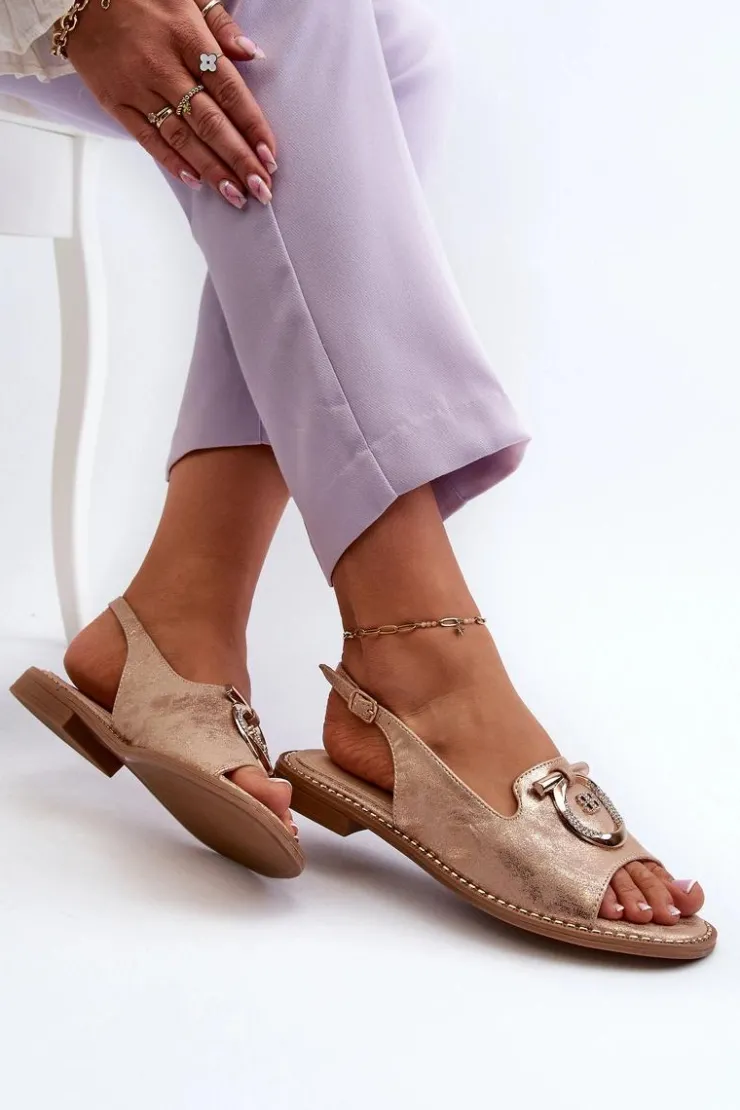 Damskie buty S.Barski Sandały Płaskie*Eleganckie Sandały Damskie Ze Złotą Ozdobą Na Płaskim Obcasie Różowe Złoto S.Barski KV27-053