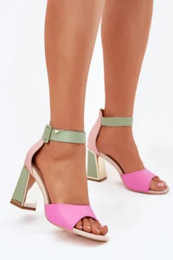 Evento Sandały Na Słupku|Sandały Na Obcasie*Eleganckie Sandały Damskie Na Słupku Różowo-Zielone Rosazara