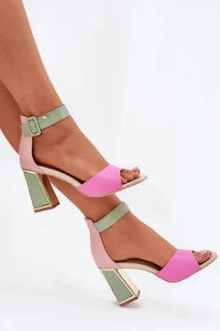 Evento Sandały Na Słupku|Sandały Na Obcasie*Eleganckie Sandały Damskie Na Słupku Różowo-Zielone Rosazara