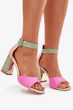 Evento Sandały Na Słupku|Sandały Na Obcasie*Eleganckie Sandały Damskie Na Słupku Różowo-Zielone Rosazara