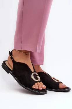 Damskie buty S.Barski Sandały Płaskie*Eleganckie Sandały Damskie Z Ozdobą Eko Zamszowe S.Barski KV27-058 Czarne Czarny