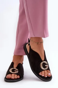 Damskie buty S.Barski Sandały Płaskie*Eleganckie Sandały Damskie Z Ozdobą Eko Zamszowe S.Barski KV27-058 Czarne Czarny